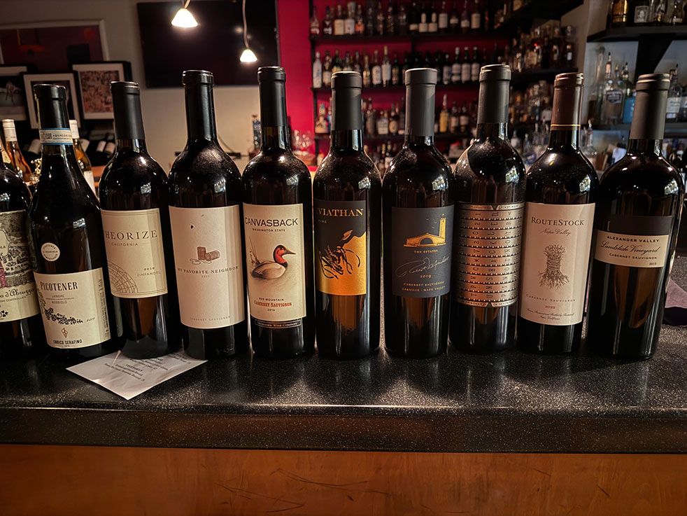 Selection of fine red wines on the bar counter at Truffles Fine Cuisine and 56 Bar in Bloomington, Indiana